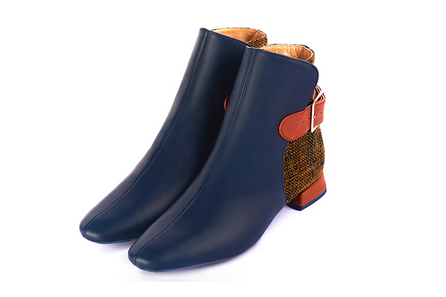 Women's navy blue and terracotta orange elegant ankle boots, with buckles at the back. Square toe. Flat flare heels - Front view